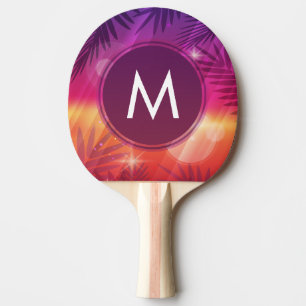 Raquette De Ping Pong Coucher de soleil d'été Palmiers Monogramme violet