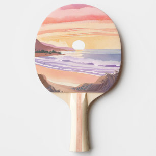Raquette De Ping Pong Coucher de soleil sur la mer rose Peinture aquar