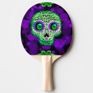 Raquette De Ping Pong Crâne de sucre lumineux fantaisiste vert et violet