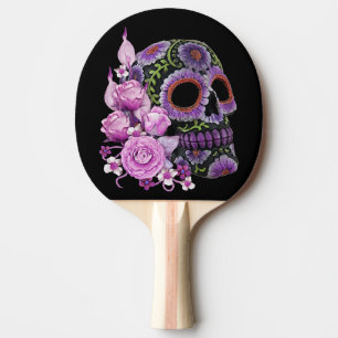Raquette De Ping Pong Crâne de sucre rose floral noir Jour des morts