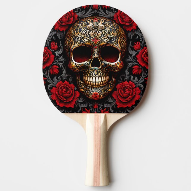 Raquette De Ping Pong Crâne Dia de los Muertos avec Roses rouges (Devant)