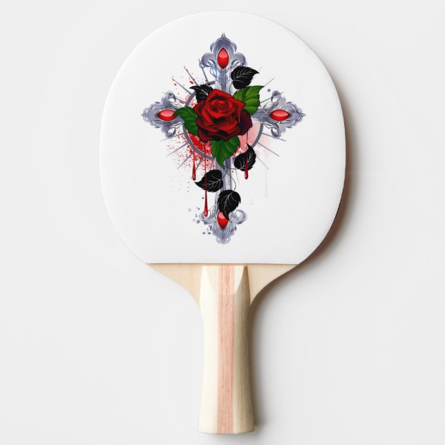 Raquette De Ping Pong Croix d'argent avec une rose rouge (Devant)