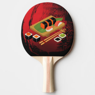 Raquette De Ping Pong Cuisinier de sushi noir et rouge chic moderne élég