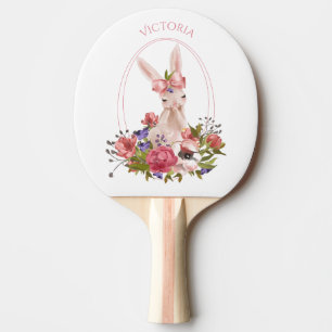 Raquette De Ping Pong Cute Bois Animal Bunny Floral Aquarelle Nom