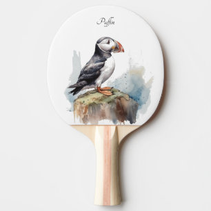 Raquette De Ping Pong Cute Puffin sur une roche aquarelle
