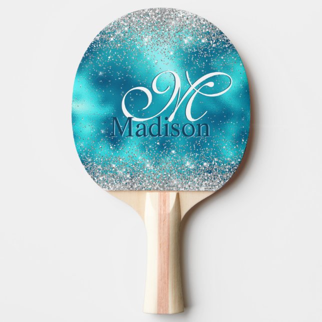 Raquette De Ping Pong Cute turquoise silver faux glitter monogram (Devant)