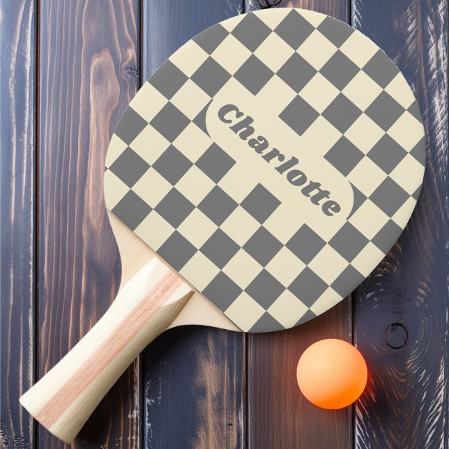 Raquette De Ping Pong Damier Gris & Crème avec Nom (Créateur téléchargé)
