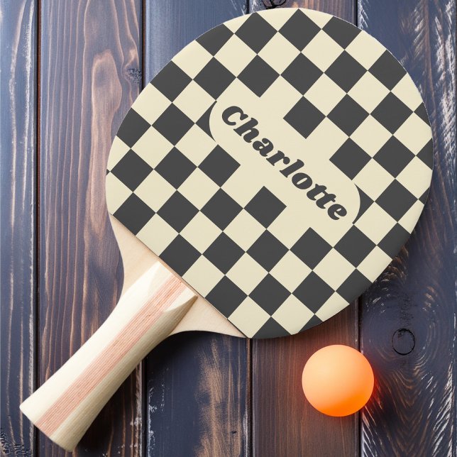 Raquette De Ping Pong Damier gris foncé et crème avec nom (Créateur téléchargé)