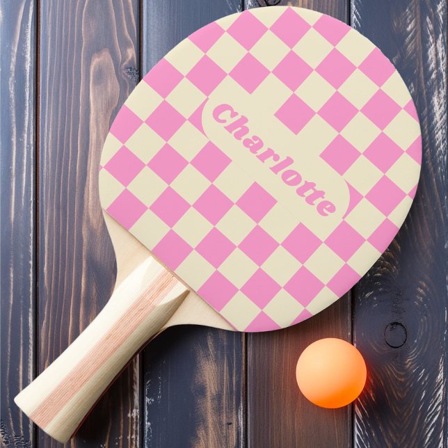 Raquette De Ping Pong Damier Rose & Crème avec Nom (Créateur téléchargé)