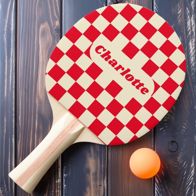 Raquette De Ping Pong Damier Rouge & Crème avec Nom (Créateur téléchargé)