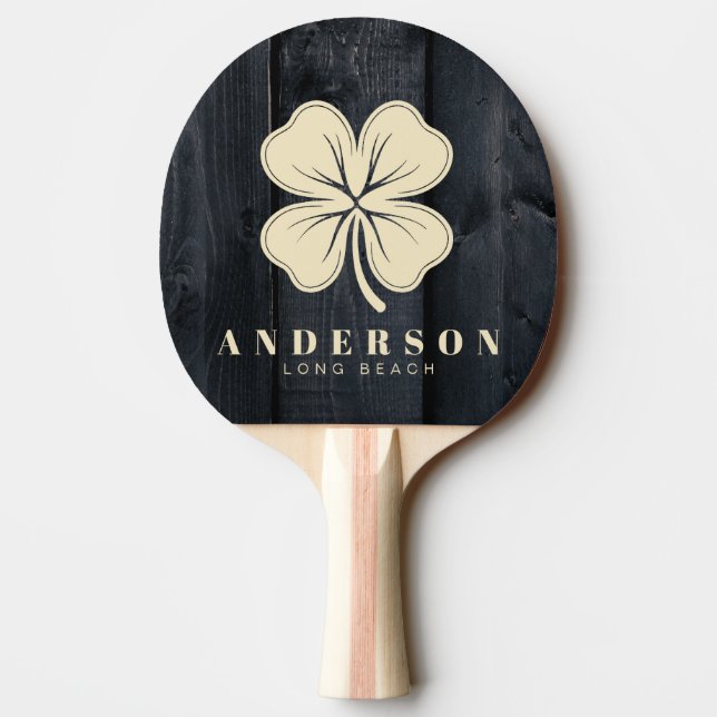 Raquette De Ping Pong Dark Burnt Wood Four Leaf Clover with Name (Dos)