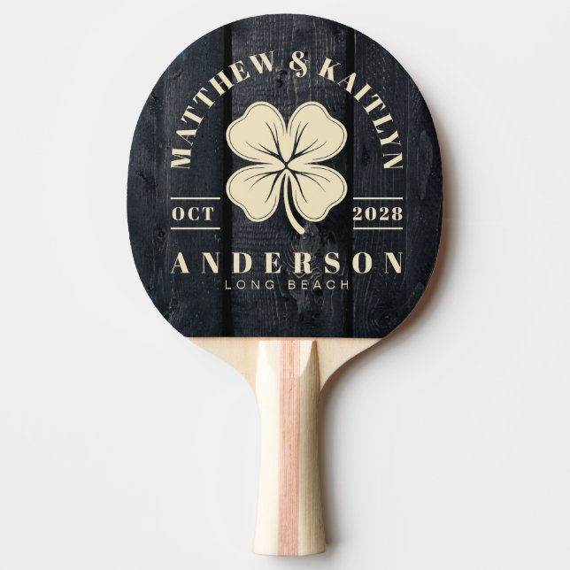 Raquette De Ping Pong Dark Burnt Wood Irish Lucky Clover Wedding Crest (Devant)