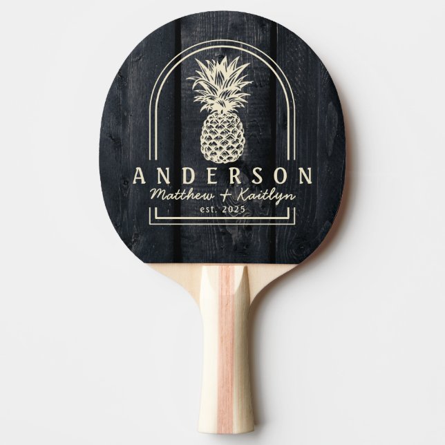 Raquette De Ping Pong Dark Burnt Wood Pineapple Wedding Arch & Name (Devant)