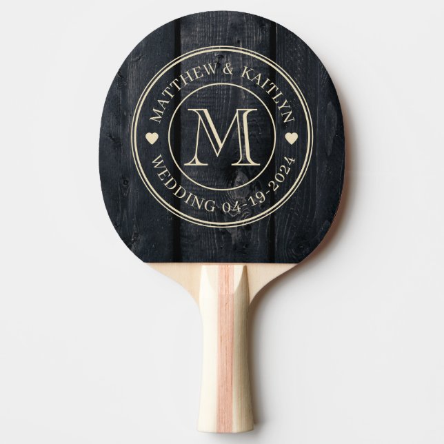 Raquette De Ping Pong Dark Burnt Wood Wedding Monogram Heart (Devant)