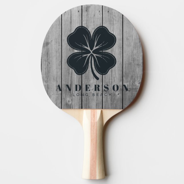 Raquette De Ping Pong Dark Clean Gray Wood Four Leaf Clover with Name (Dos)