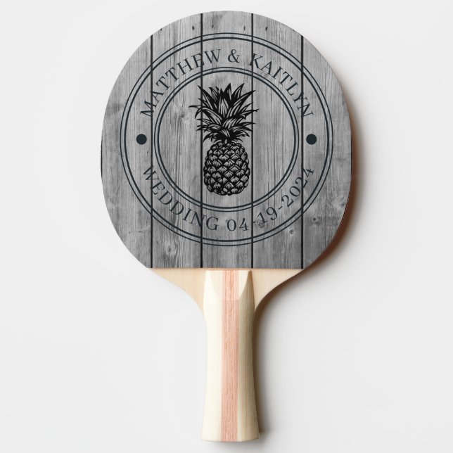 Raquette De Ping Pong Dark Clean Gray Wood Pineapple Wedding Crest &Name (Dos)