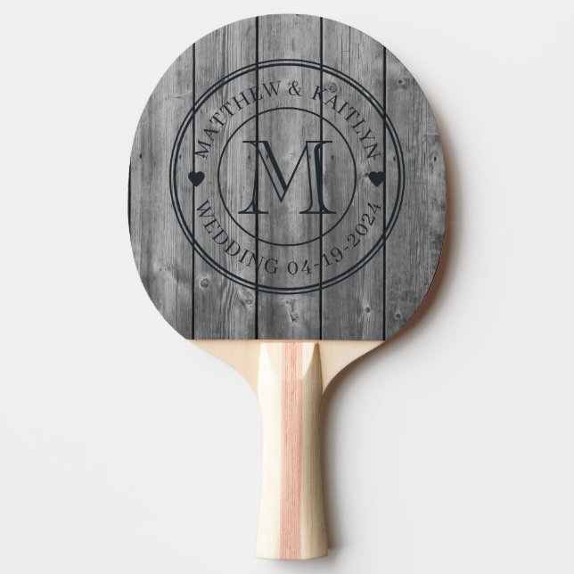 Raquette De Ping Pong Dark Clean Gray Wood Wedding Monogram Heart (Devant)