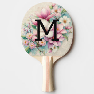 Raquette De Ping Pong Dentelle monogramme fleurs de magnolia rose violet