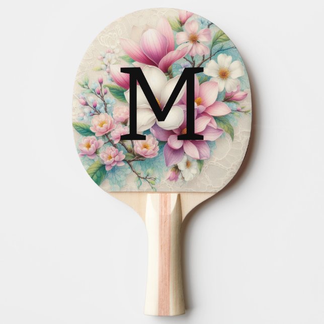 Raquette De Ping Pong Dentelle monogramme fleurs de magnolia rose violet (Devant)