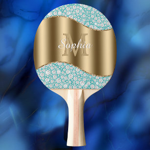 Raquette De Ping Pong Diamants de Glam sur Turquoise, Monogramme Or, Nom