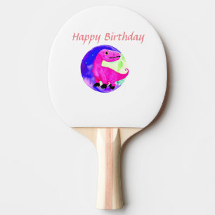 Raquette De Ping Pong Dinosaure anniversaire aquarelle rose violet vert 