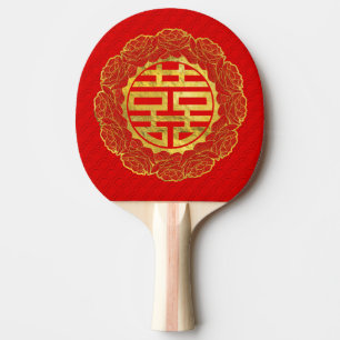 Raquette De Ping Pong Double symbole de bonheur d'or dans le cadre de