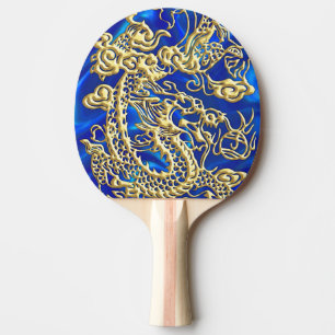Raquette De Ping Pong Dragon d'or embouti sur papier satin bleu