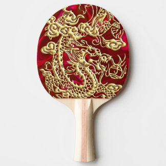 Raquette De Ping Pong Dragon d'or embouti sur papier satin rouge