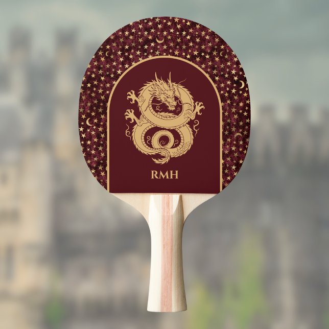 Raquette De Ping Pong Dragon d'or et étoiles et lune médiévaux sur marro (Créateur téléchargé)