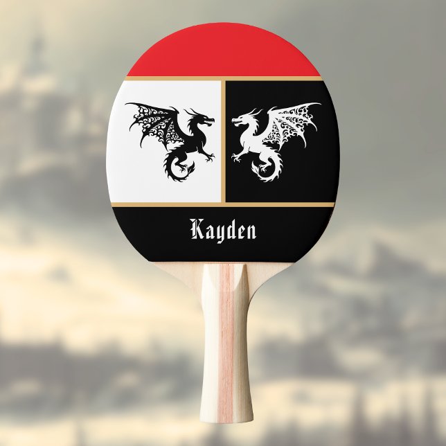 Raquette De Ping Pong Dragons en noir blanc avec garniture de couleur or (Créateur téléchargé)
