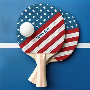 Raquette De Ping Pong Drapeau Américain en Bois Rustique Étoiles Bandes 
