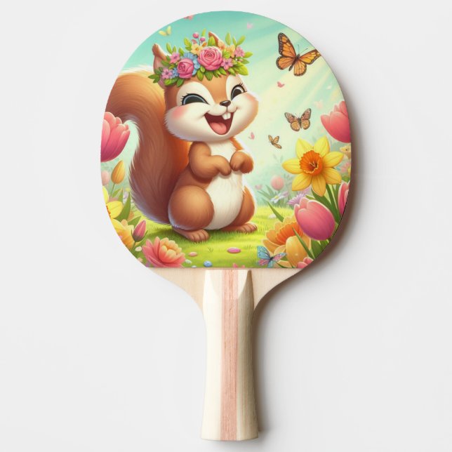 Raquette De Ping Pong Écureuil du printemps mignon et heureux (Devant)