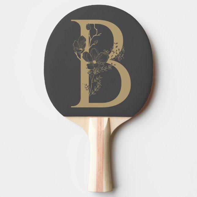 Raquette De Ping Pong Élégant B Boho Floral Monogramme initial Gris Or (Devant)