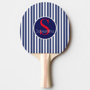 Raquette De Ping Pong Élégant bleu marine rouge rayé monogramme initial
