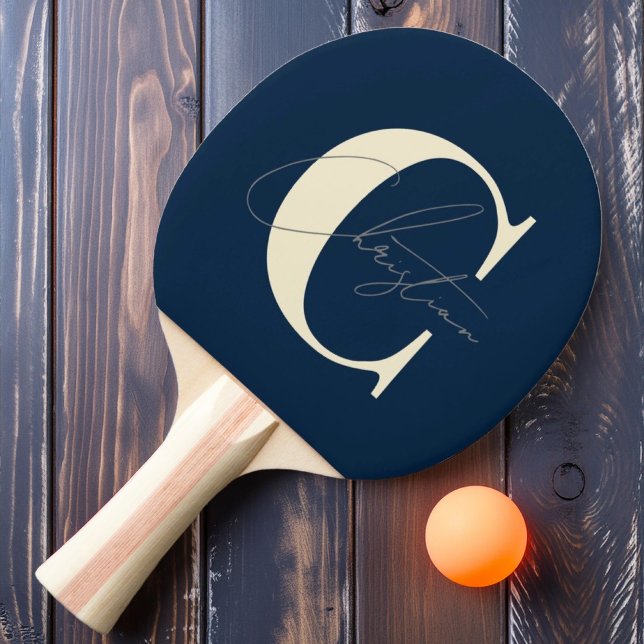 Raquette De Ping Pong Élégant Monogramme Bleu de Mer Profond de Style Mo (Créateur téléchargé)