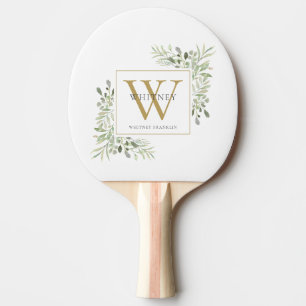Raquette De Ping Pong Élégant Monogramme Moderne de Feuillage Doré