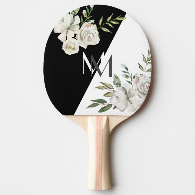 Raquette De Ping Pong Élégant Noir & Blanc Floral Initiales (Devant)