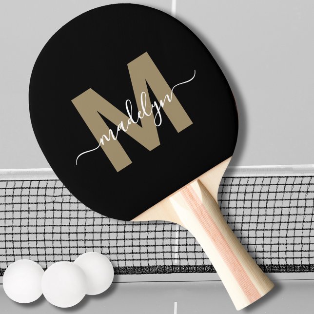 Raquette De Ping Pong Élégant Noir Or élégant Nom de script Monogramme (Stylish Black Gold Elegant Script Name Monogram Ping Pong Paddle)