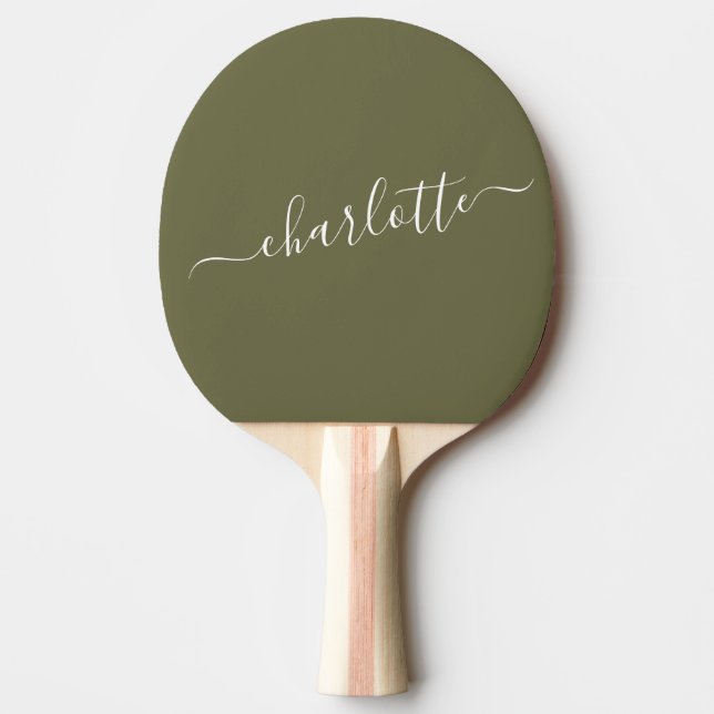Raquette De Ping Pong Élégant Olive Green Nom du script Personnalisé (Devant)