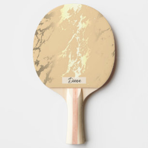 Raquette De Ping Pong Élégant Or moderne Blanc Liquide Marbre Nom