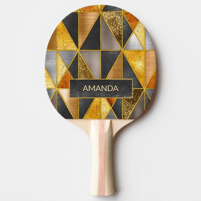Raquette De Ping Pong Elégant or noir argent triangles géométriques (Devant)
