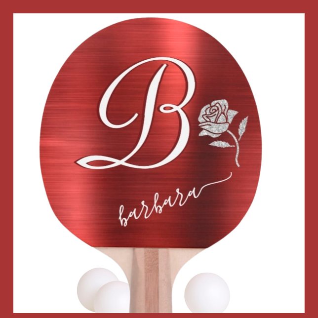 Raquette De Ping Pong Elegant Red Custom Monogram Name Glitter Rose    (Créateur téléchargé)