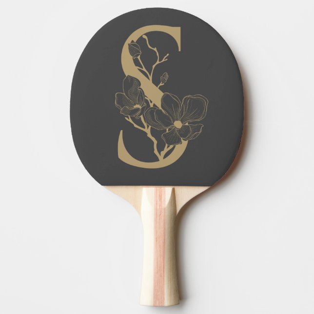 Raquette De Ping Pong Élégant S Boho Floral Monogramme initial Gris Or (Devant)