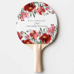 Raquette De Ping Pong Elégante Fleurs de Jardin Rouge Profond