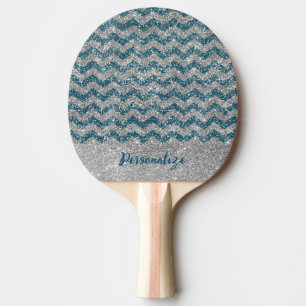 Raquette De Ping Pong Elégante Parties scintillant d'argent bleu Chevron