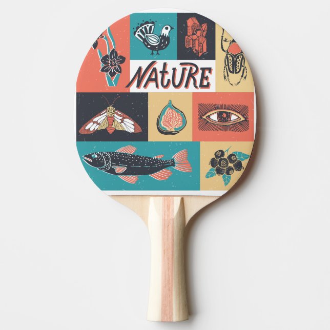 Raquette De Ping Pong Éléments de la nature, Icônes de style rétro. (Devant)
