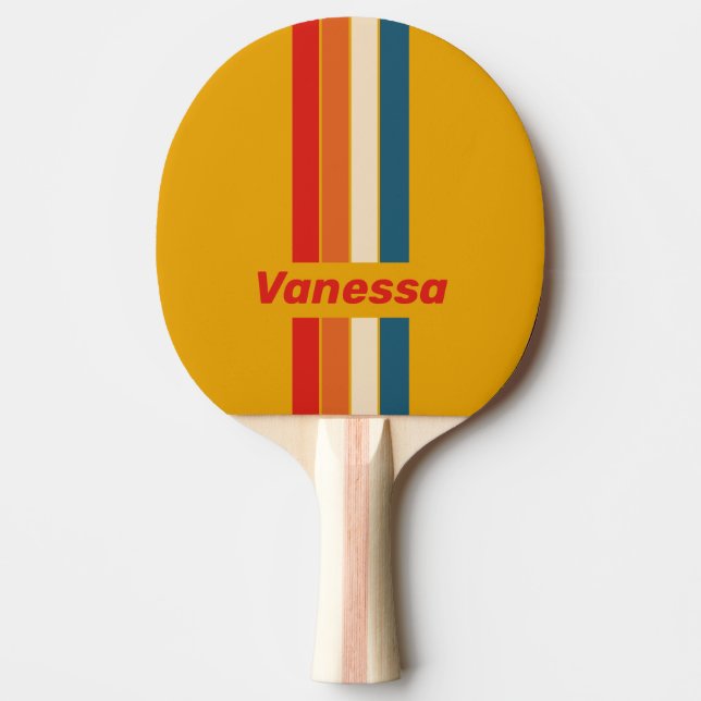 Raquette De Ping Pong Épinglette Moutarde Rétro Rayée avec Nom (Devant)