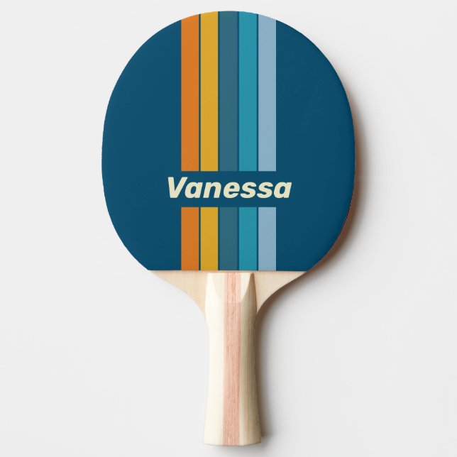 Raquette De Ping Pong Épinglette Soleil Bleu Rayée avec Nom (Devant)