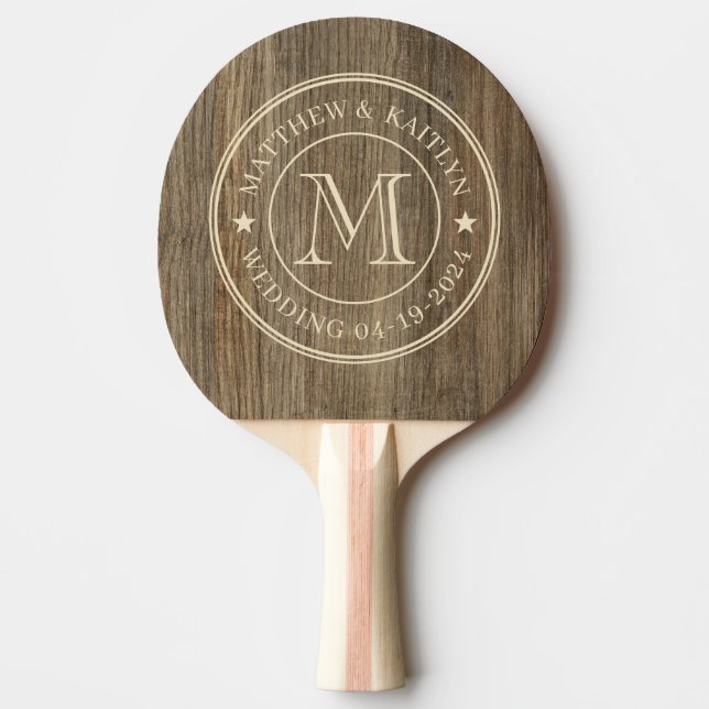 Raquette De Ping Pong Étoile de mariage en bois de hickory avec monogram (Devant)