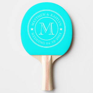 Raquette De Ping Pong Étoile de monogramme de mariage cyan rétro électri
